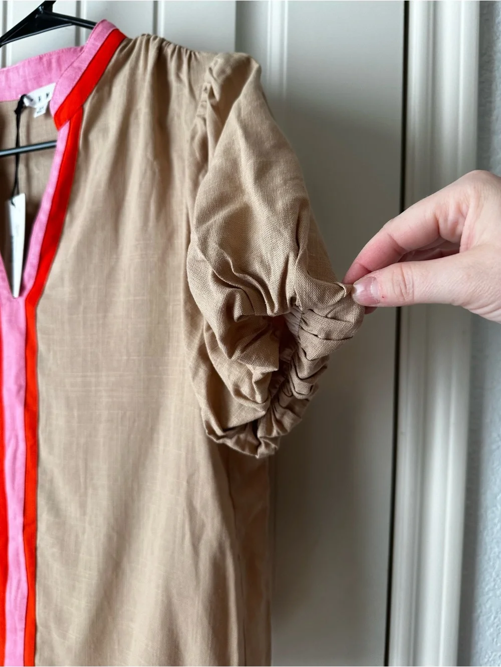 THML Sunset Stripes Camel Pink Red Set Puff Sleeve Drawstring Waist size XS Nwt